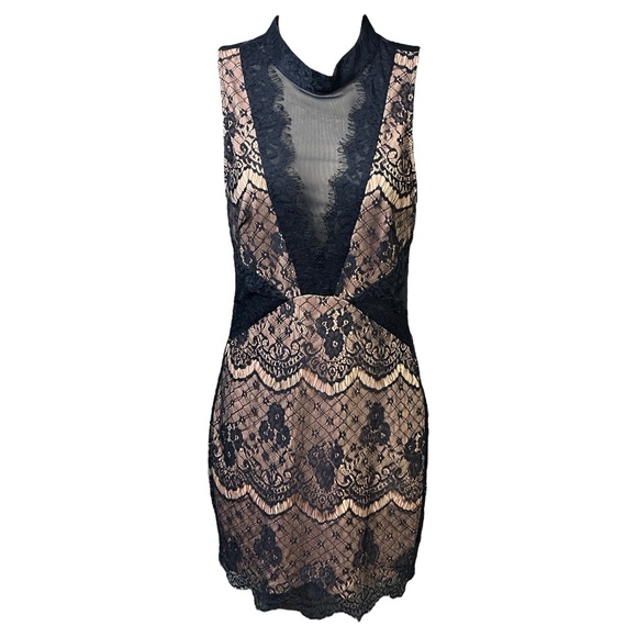 LUSH Mini Dress Size S Sleeveless Blue Tan Sheer Lace Mock Neck Bodycon Cocktail - Picture 1 of 11